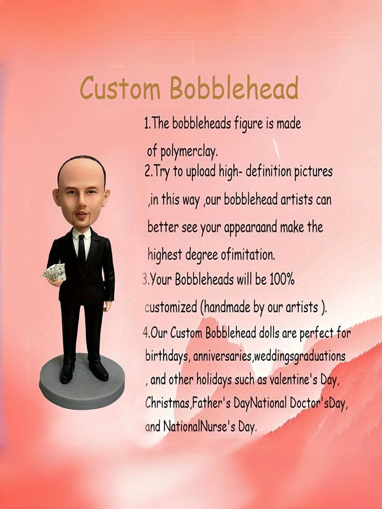Custom Clay Cartoon Bobblehead Dolls Personalized photo customization with a slightly cartoonish, exclusive private design